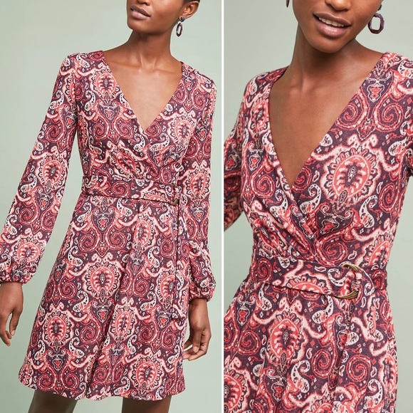 Anthropologie Dresses & Skirts - Anthropologie Maeve Belted Paisley V-Neck Long Sleeve A-Line Knit Dress Small